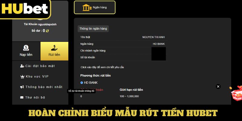 Hoàn chỉnh biểu mẫu rút tiền Hubet