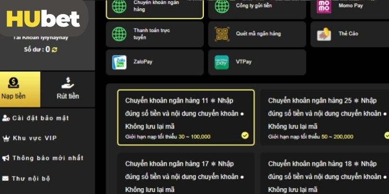 Đa dạng cách nạp tiền Hubet